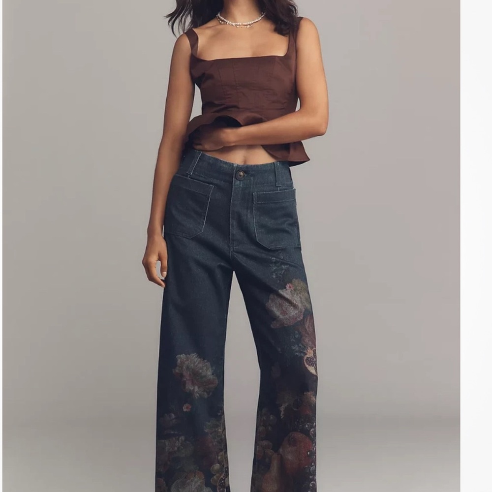 NWT Anthropologie Dark Blue Floral Wide Leg Jeans
